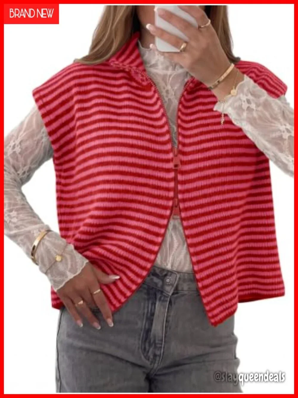 Women's Striped Zip Up Cardigan Sweater Mock Neck Cap Sleeve Knit Vest